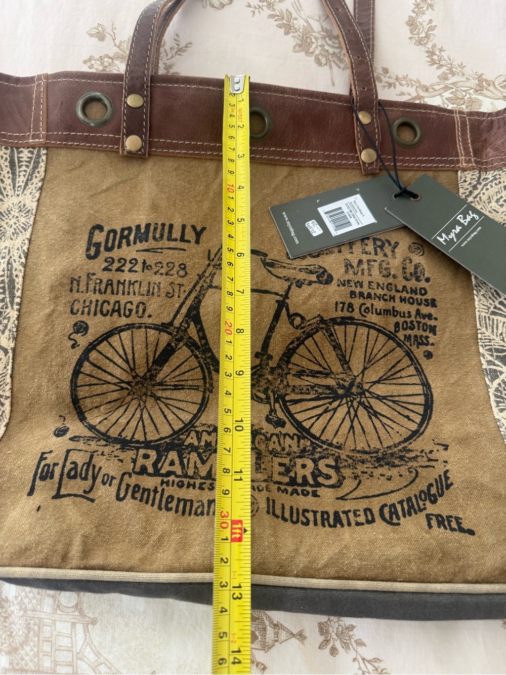 Myra Bag Brown Canvas & Leather Bicycle Print Tote - Picture 4 of 8